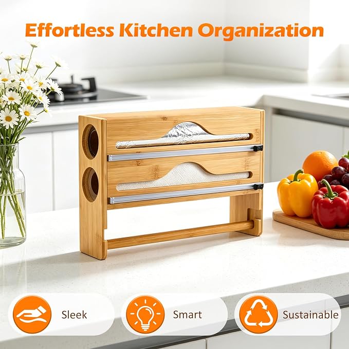 Plastic Wrap Dispenser with Cutter, 3 in 1 Tin Foil Wrap Dispenser Wall-Mounted Organizer for Baking Paper, Wax Paper Holder Kitchen Storage Box (Wood)