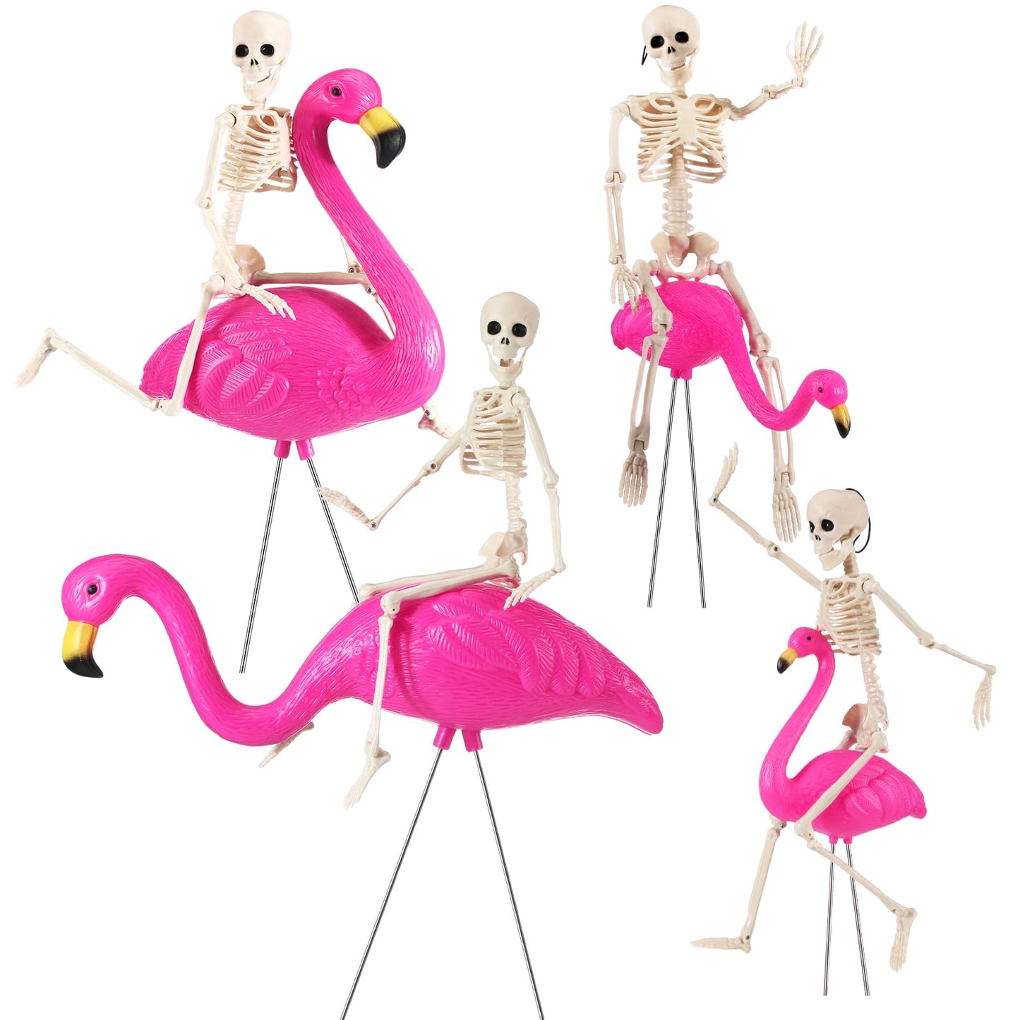 Simgoing 8 Pcs Halloween Skeleton Flamingo Decoration Outdoor Yard Ornament 15.7" Plastic Skeleton Decor with Posable Legs Flamingo Statue Decor for Yard Garden Lawn(Pink,M,Classic)