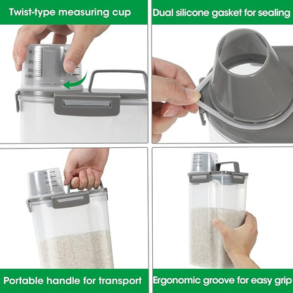 TBMax Rice Container Cereal Storage Container 2 Pack 5 Lbs, Kitchen Pantry Dry Food Storage Holder with Easy-Pouring Spout & Handy Cup, Small Pet Dog Cat Food Dispenser for Daily Feeding -Grey