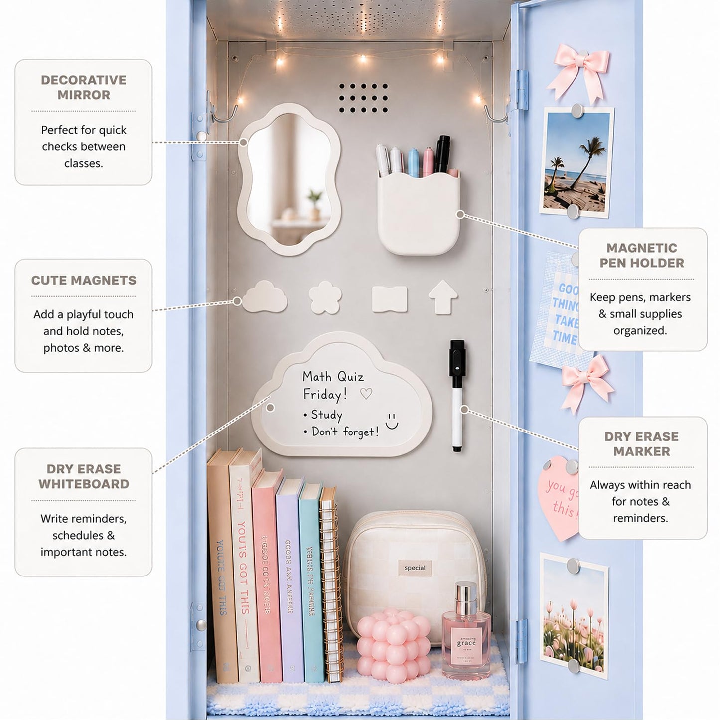 Svartur Magnetic Locker Accessories Set - Locker Mirror, Dry Erase Whiteboard, Magnetic Pen Holder & Cute Magnets, Aesthetic School Locker Decor for Girls, Locker Organizer Kit, White