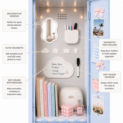 Svartur Magnetic Locker Accessories Set - Locker Mirror, Dry Erase Whiteboard, Magnetic Pen Holder & Cute Magnets, Aesthetic School Locker Decor for Girls, Locker Organizer Kit, White