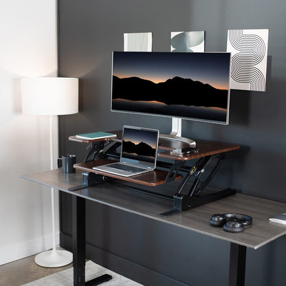 VIVO 36 inch Height Adjustable Stand Up Desk Converter, V Series, Quick Sit to Stand Tabletop Dual Monitor Riser Workstation, Dark Walnut Top, Black Frame, DESK-V000VD