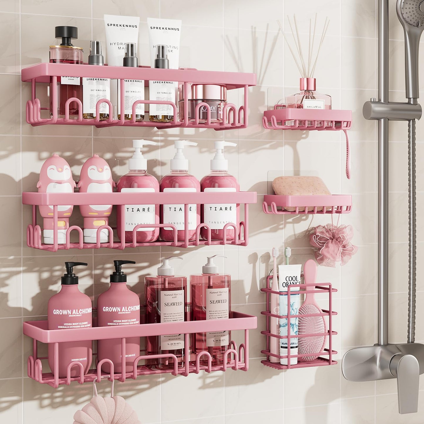 Veken Large Capacity Shower Caddy 6-Pack, No Drilling & Rustproof, Adhesive Shower Shelves with Soap Holder, Bathroom Organizers and Storage, Wall-Mounted Kitchen & Home Decor, Pink