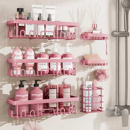 Veken Large Capacity Shower Caddy 6-Pack, No Drilling & Rustproof, Adhesive Shower Shelves with Soap Holder, Bathroom Organizers and Storage, Wall-Mounted Kitchen & Home Decor, Pink