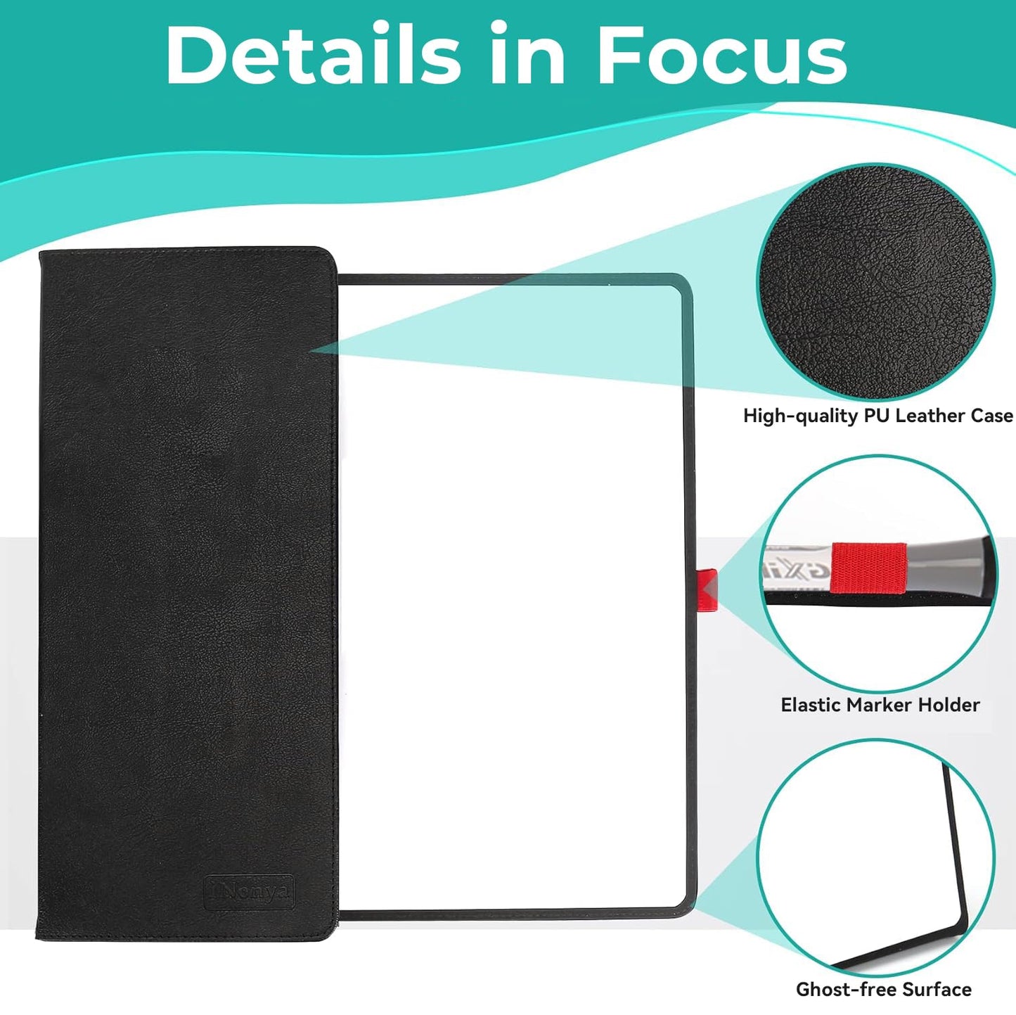 iNenya Double-Sided White Board 12x9 inch - Ultra-Thin 0.3" Portable Dry Erase Board with 3 Markers & Anti-Ghosting Surface | Magnetic-Ready | Foldable for Office, School, Travel, Homeschool (Black)