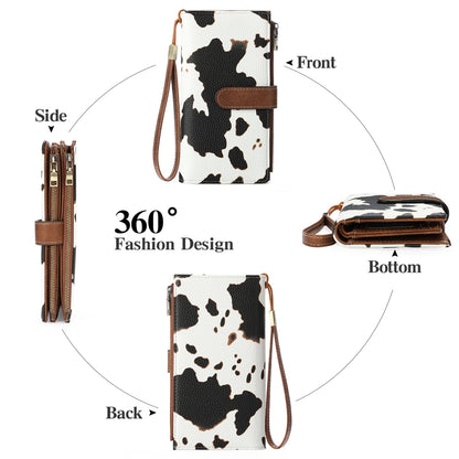 GOIACII Wallet for Women Large Wristlet Purse Trifold Clutch Cow Print