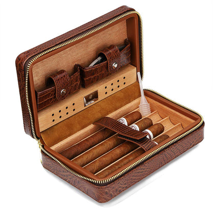 TIME C Club 4-Finger Portable Travel Crocodile Skin-Style Burgundy Leather Cigar Case, Cigar Humidor, Cigar Cutter and Humidifier, Father's Day, Birthday Gift