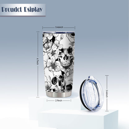 ATHAND Goth Skull Floral Tumblers,20 Oz Halloween Insulated Stainless Steel Iced Coffee Tumbler with Lid,Funny Travel Coffee Mug Cup Water Bottle,Novelty Gift for Trick or Treat Birthday Party,1 Pcs