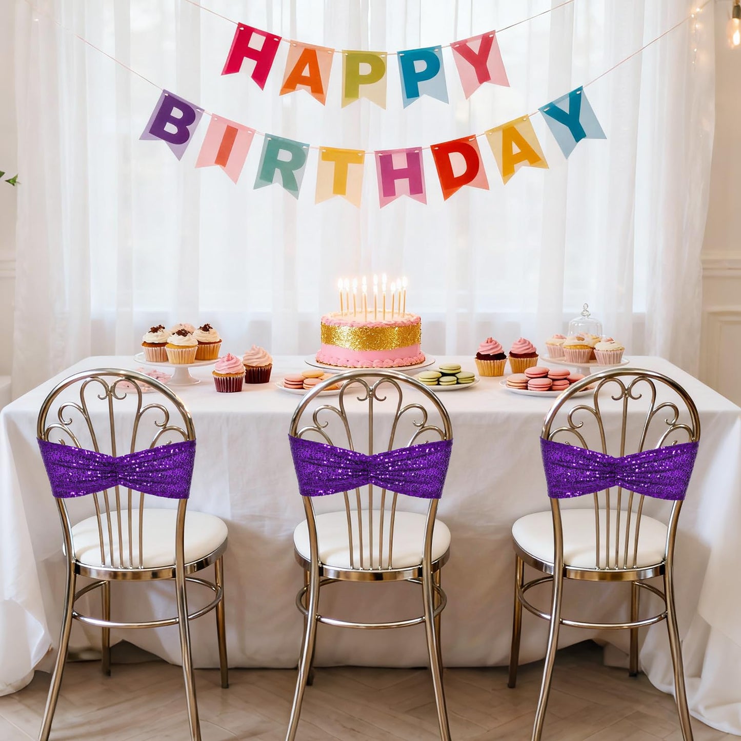 SquarePie Sequin Chair Sashes Bows 10 Pack Purple Shiny Chair Cover Bands for Wedding Banquet Party Decor
