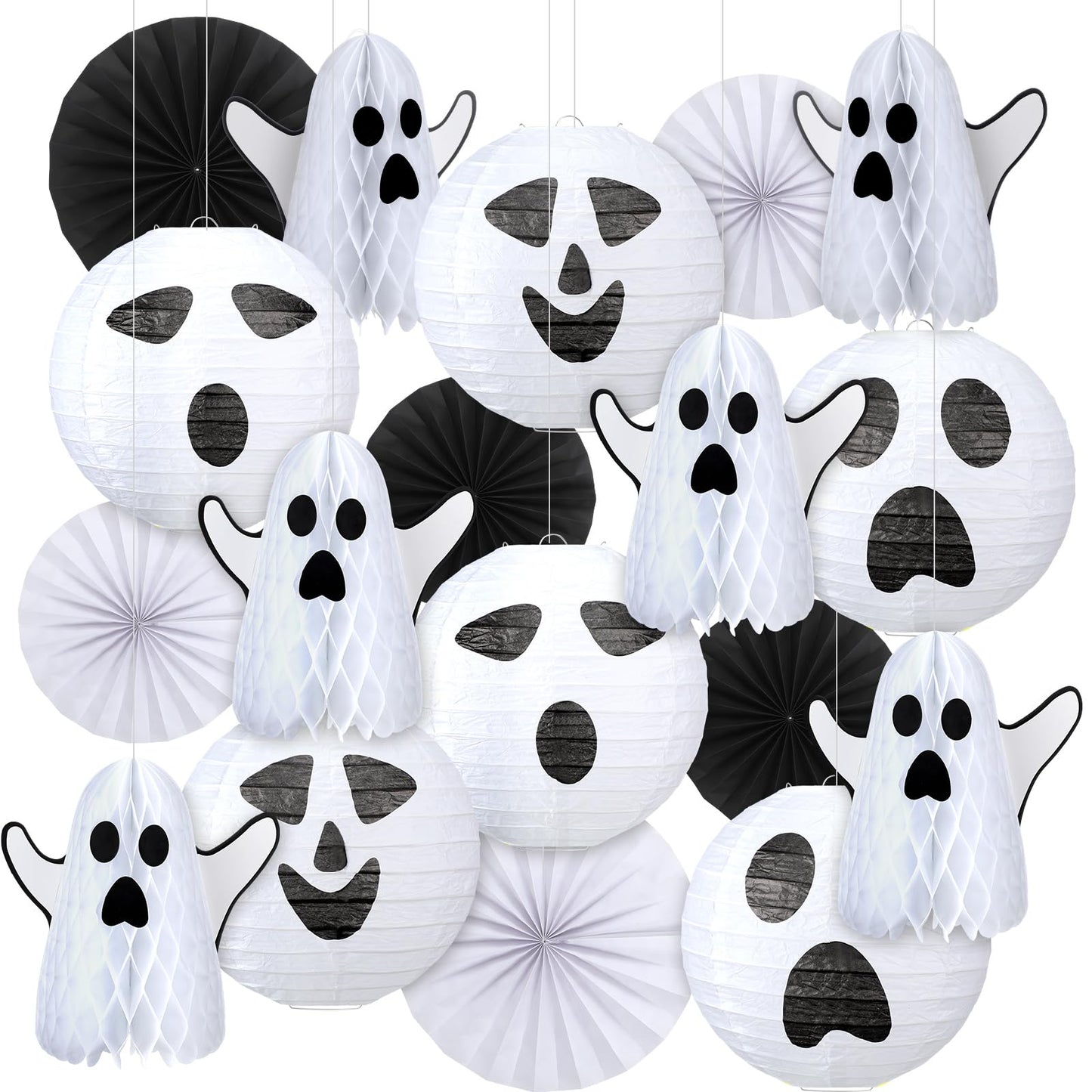Humyoun 18 Pcs Halloween Party Decorations Kit Ghost Spooky Paper Lanterns Hanging Fans 3D White Ghost Honeycomb Ball for Indoor Outdoor Halloween Scary Party Supplies Haunted House Ceiling Decor