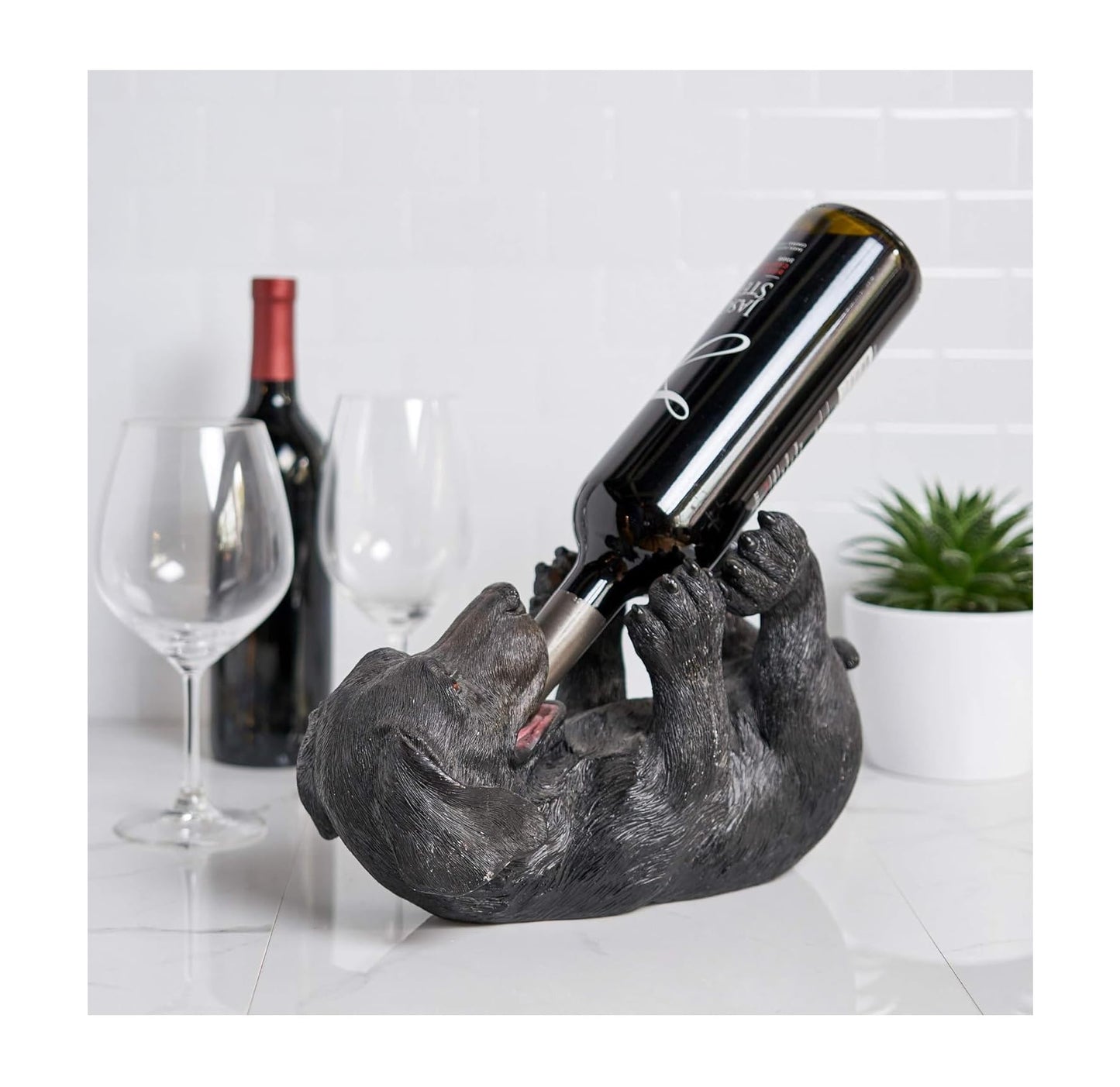 True Lucky Lab Tabletop Wine Bottle Holder Countertop Centerpiece Labrador Kitchen Decor for Dog Lovers Barware Accessory Black