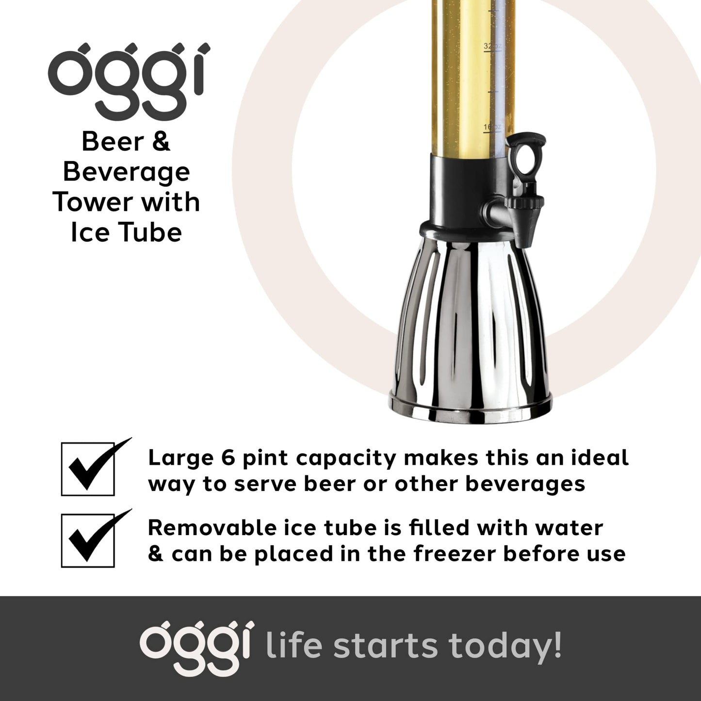 OGGI Beer Tower 88oz - Beverage Dispenser with Spigot & Ice Tube, Margarita Tower, Mimosa Tower, Perfect Drink Dispensers for Parties, Drink Tower, Holds 6 Pints of Beer – Stainless