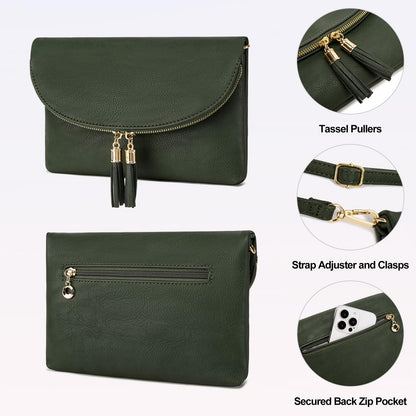 Solene Women's Envelop Clutch Crossbody Bag With Tassels Accent (WU075-Olive)