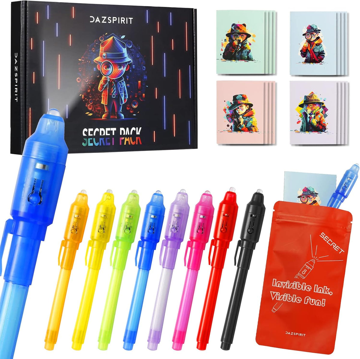 8Pcs Invisible Ink Pen Set with UV Light, Mini Notepads & Favor Bags, Magic Pen Disappearing Ink, Spy Pens for Kids, Fun Party Favors for Kids 8-12, Detective & Escape Room Themes