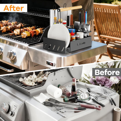 GUIBUKEYAN Grill Caddy, BBQ for Outdoor Grill with 2 Paper Towel Holders, Picnic BBQ Condiment Utensil Organizer Caddy for Outdoor Cooking, Rv, Camping Essential, Camper Must Haves,Gifts for Men