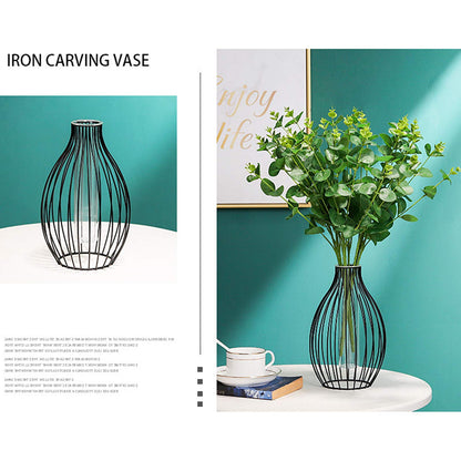 Metal Frame Vase Geometric Glass Flower Vase, Lantern Shape Glass Test Tube Vase, Modern Creative Clear Tube Glass Planter Terrariums with Geometric Metal Stand for Decor Office Home (Golden B)