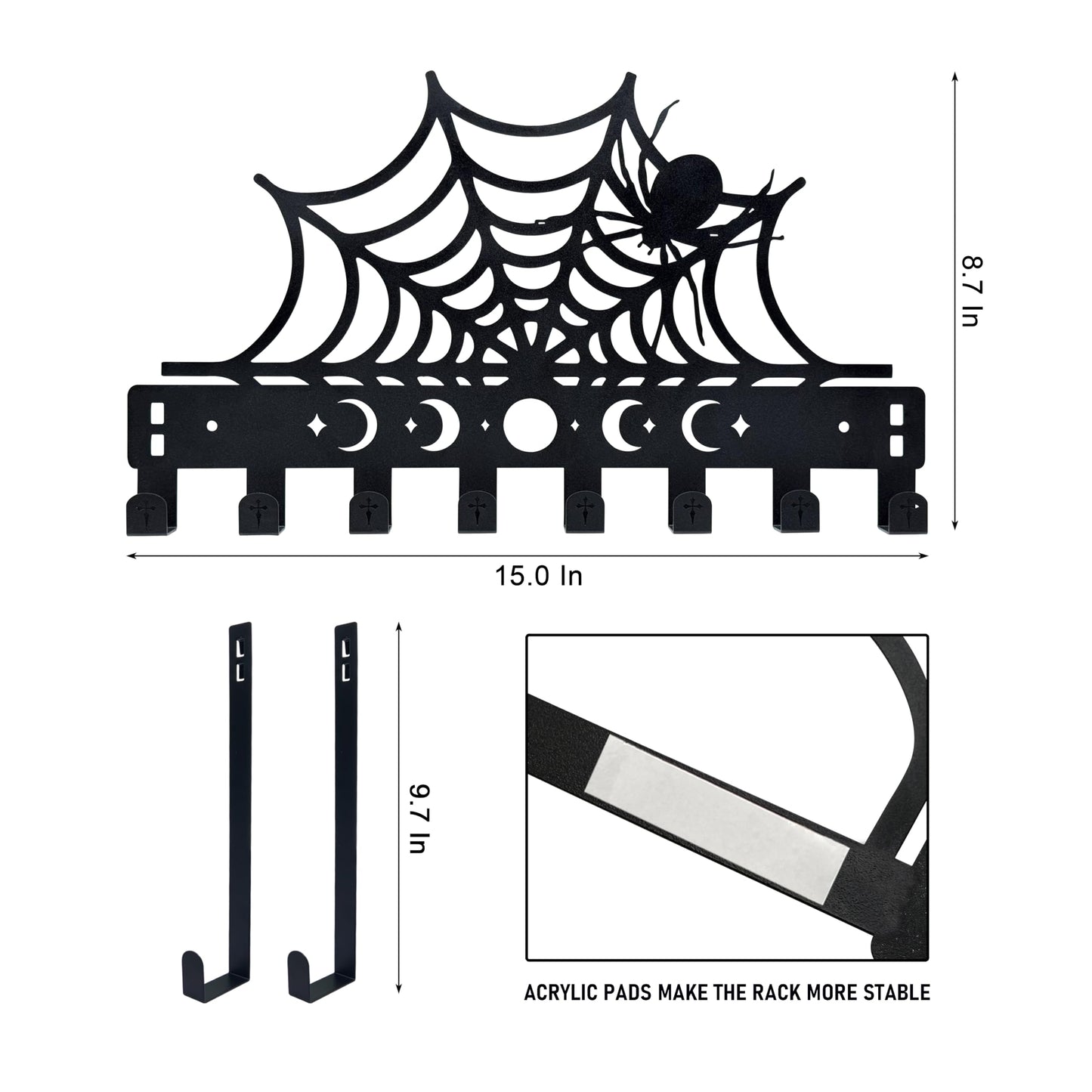Gothic Spider Web Over The Door Hooks - 8-Hook Set with Moon Phase & Cross Design for Halloween Spooky Bathroom Decor | Metal Towel Hanger for Goth Home Accessories | Halloween Gothic Wall Organizer