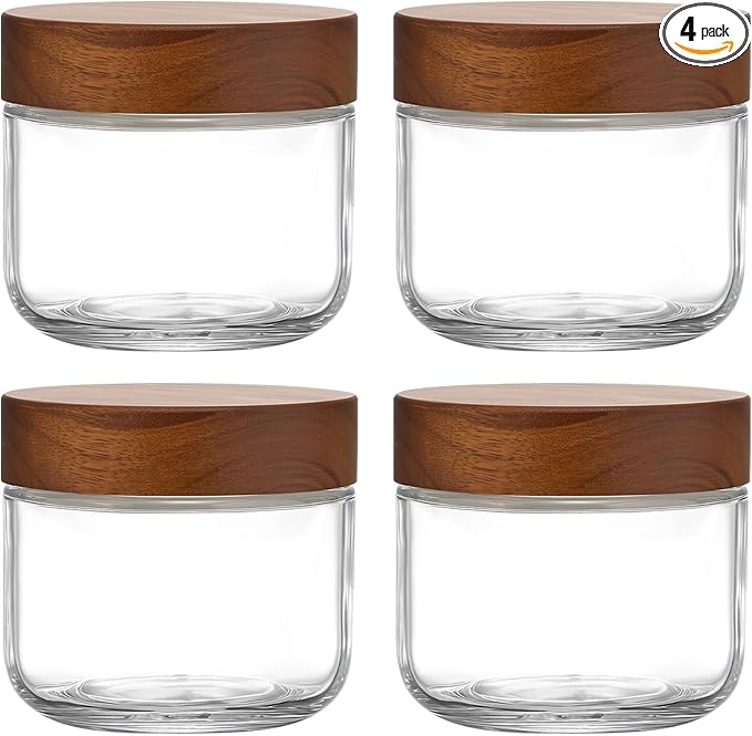 Danmu 8 oz Overnight Oats Containers with Lids,Glass Jars with Lids 4 Pack | Wooden Lid,Meal Prep,Yogurt,Leftovers,Leak-proof,Dishwasher Safe(remove lids),Fridge Safe,Portable,Stackable
