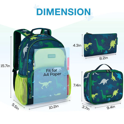 mommore Kids Backpack for Boys, Toddler Backpack for Preschool Kindergarten Elementary Lightweight Bookbag for Students with Lunch Box (3PCS, Dinosaur Green)