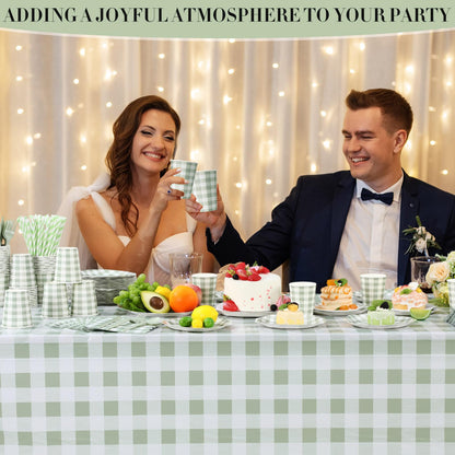 Funnymoom 452 Pcs Sage Green Gingham Party Supplies for 50 Guests, Green Gingham Paper Plates Napkins Cup Tablecloth Disposable Tableware for BBQ Picnic Birthday Baby Shower Wedding Party Decoration
