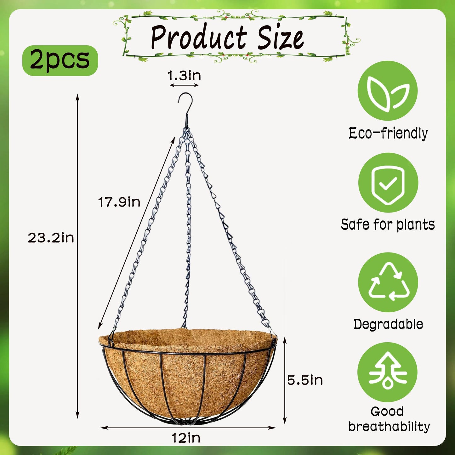 SMYAXUNW 2 Pack Hanging Planters 12 Inch Metal Hanging Planter Basket Flower Pots with Coco Coir Liners Round Wire Plant Holder for Indoor Outdoor Patio Porch Garden Railings Decoration