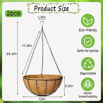 SMYAXUNW 2 Pack Hanging Planters 12 Inch Metal Hanging Planter Basket Flower Pots with Coco Coir Liners Round Wire Plant Holder for Indoor Outdoor Patio Porch Garden Railings Decoration