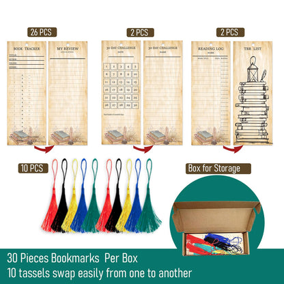Book Tracker Bookmark Reading Log Journal 30-Day Habit Record Cardstock, 30PCS Cards with Tassel Creative Reading Accessories for Book Lover Reader Student Teacher