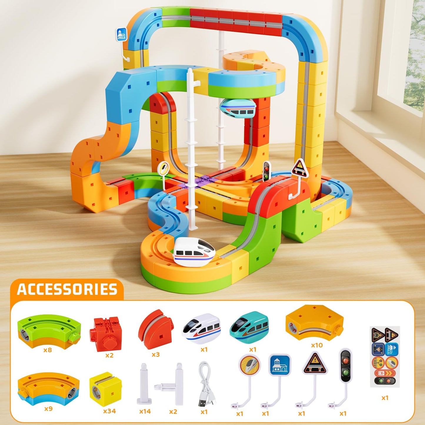 KlickRail Electric Train Set Flexible Race Track for 3 4 5 6 7 8 years old boys and girls, Building Toy Train Track Gravity-Defying 3D Embedded Layouts & Motorized Car, STEM Gift(Deluxe Set(88 Piece))