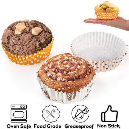 YOUEON 600 Pcs 3.5 In Jumbo Cupcake Liners Greaseproof, 6 Oz Large Paper Baking Cups Non-Stick, Jumbo Muffin Liners for Muffins, Cupcakes, Brownie, Quiche, Mini Snacks, Recyclable, 3 Pattern