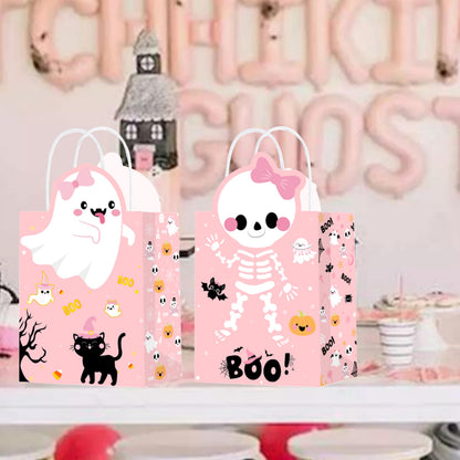 C L cooper life Halloween Party Tote Gift Bags with Handles 12pcs Pink Halloween Ghost Skull Candy Goodies Bags for Girls Ghost Bat Pumpkin Themed Trick or Treat Party Favor Supplies
