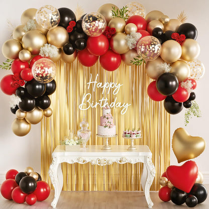 157Pcs Red Black Gold Balloons Garland Arch Kit with Glitter Fringe Curtain Backdrop for Adults Masquerade Halloween New Year Eve Casino Birthday Party Decorations