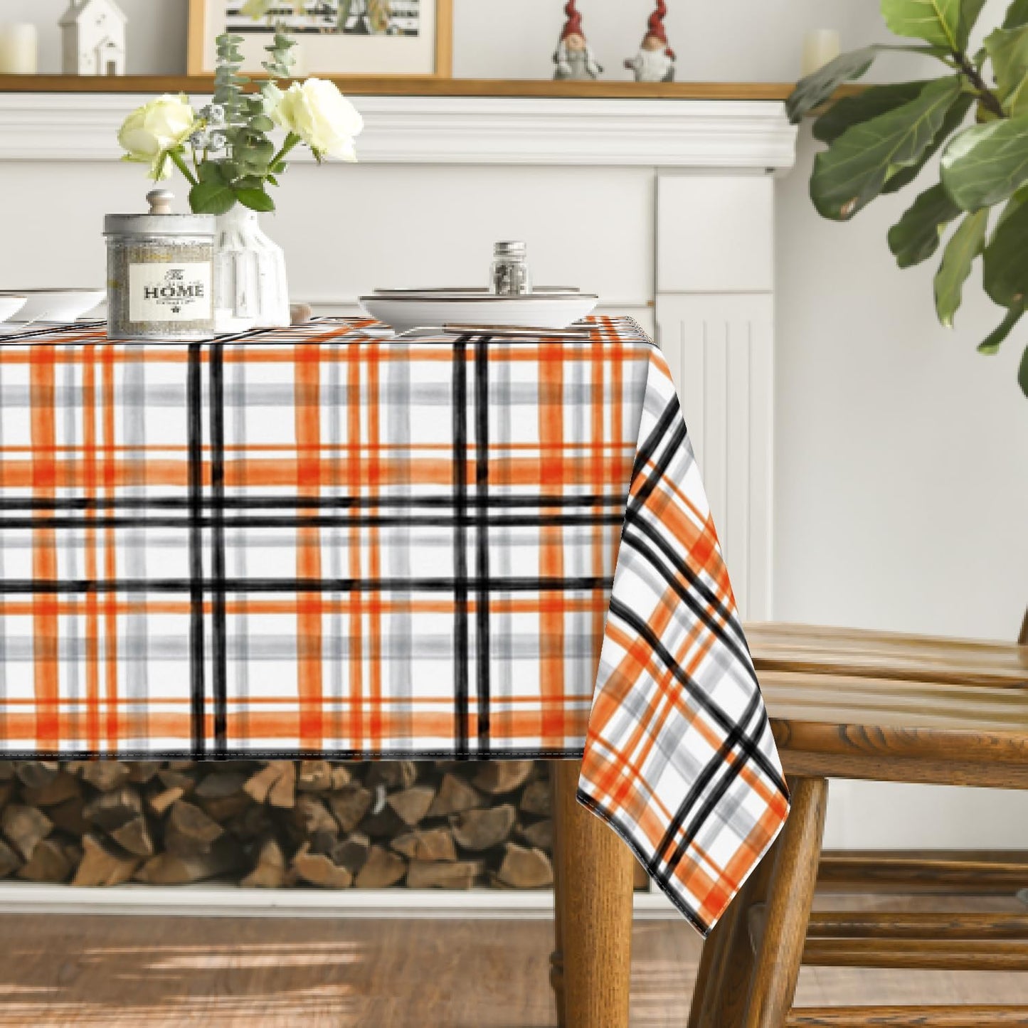 Horaldaily Halloween Tablecloth 52x70 Inch Rectangular, Fall Orange Buffalo Plaid Washable Table Cover for Party Picnic Dinner Decor