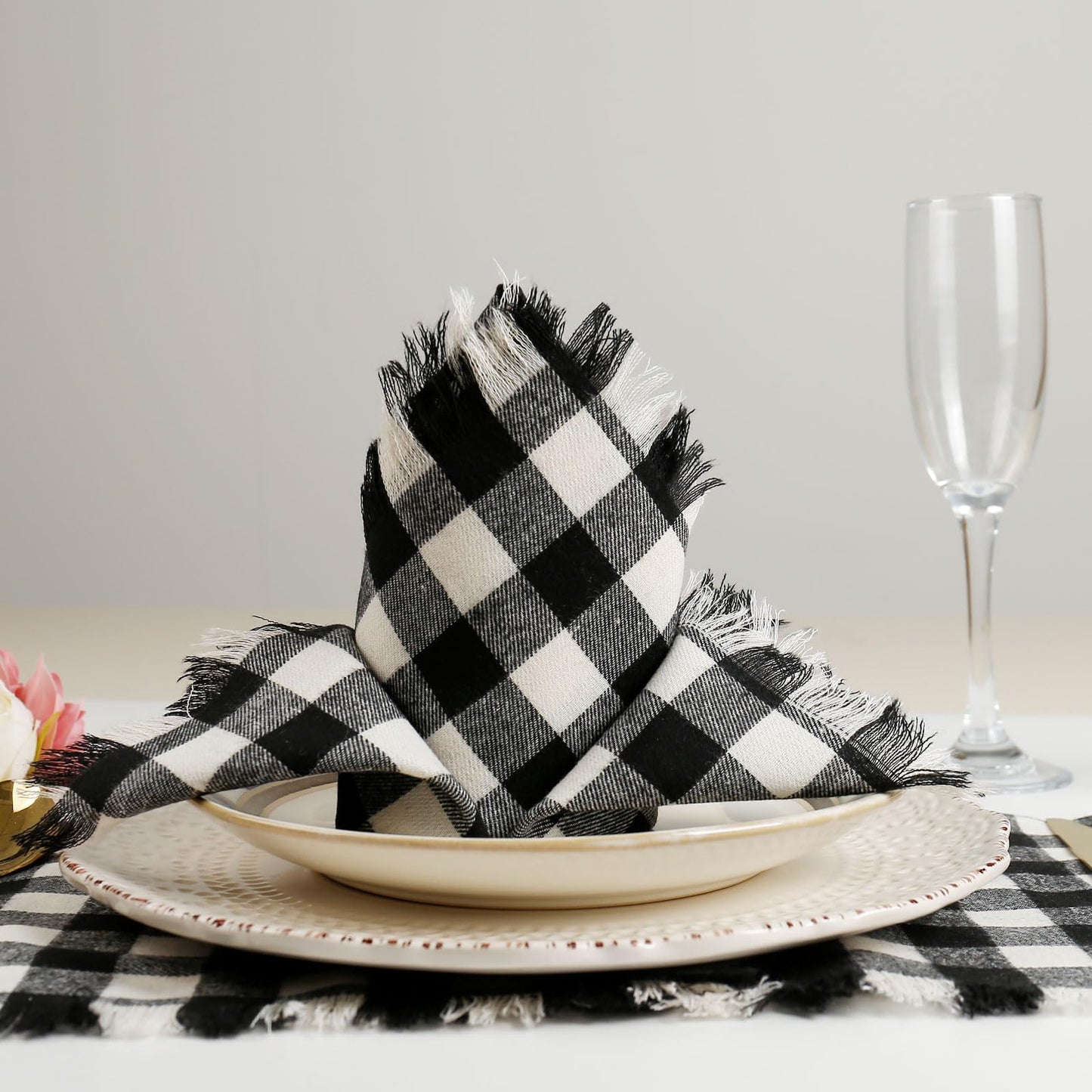 Classic Buffalo Checks Cloth Napkins with Fringe Set of 12, 17x17 Inches 100% Cotton Farmhouse Napkins, Soft&Reusable Napkins for Daily Use Halloween Christmas Decor