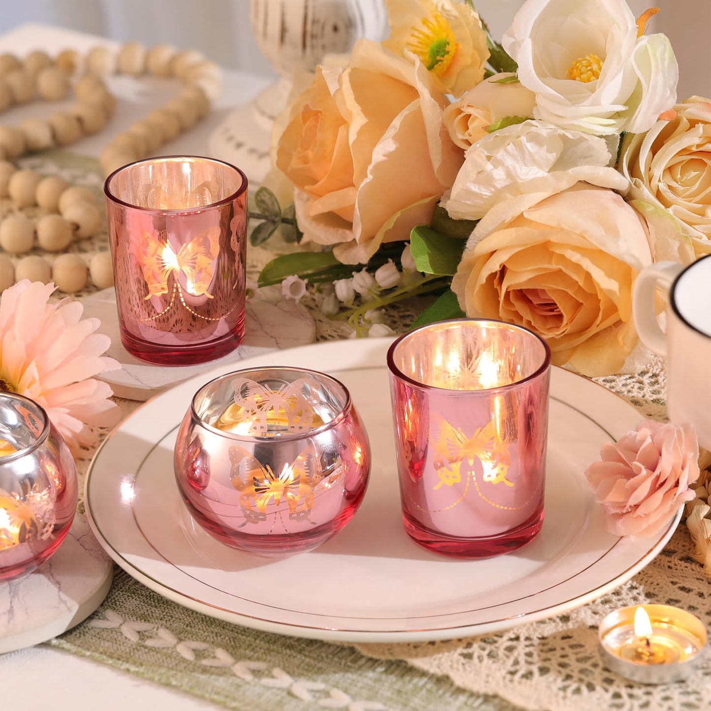 Lanttu Pink 12 Pcs Combination Tea Lights Candle Holder Decorative with Butterfly Pattern, Votive Candle Holders for Wedding, Birthday, Anniversary, Parties, and Holiday Decorations