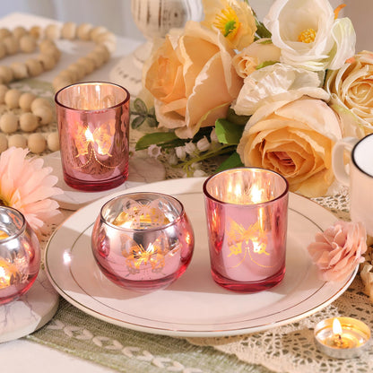 Lanttu Pink 12 Pcs Combination Tea Lights Candle Holder Decorative with Butterfly Pattern, Votive Candle Holders for Wedding, Birthday, Anniversary, Parties, and Holiday Decorations