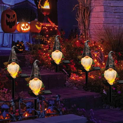 LAIAMER Halloween Gnome Garden Lights Outdoor Solar Halloween Pathway lights, Fall Yard Stakes Fall Decorations Gnome Statue with Bat&Pumpkin, Gnomes Gifts Fairy Garden Lights for Outside Lawn(Purple)