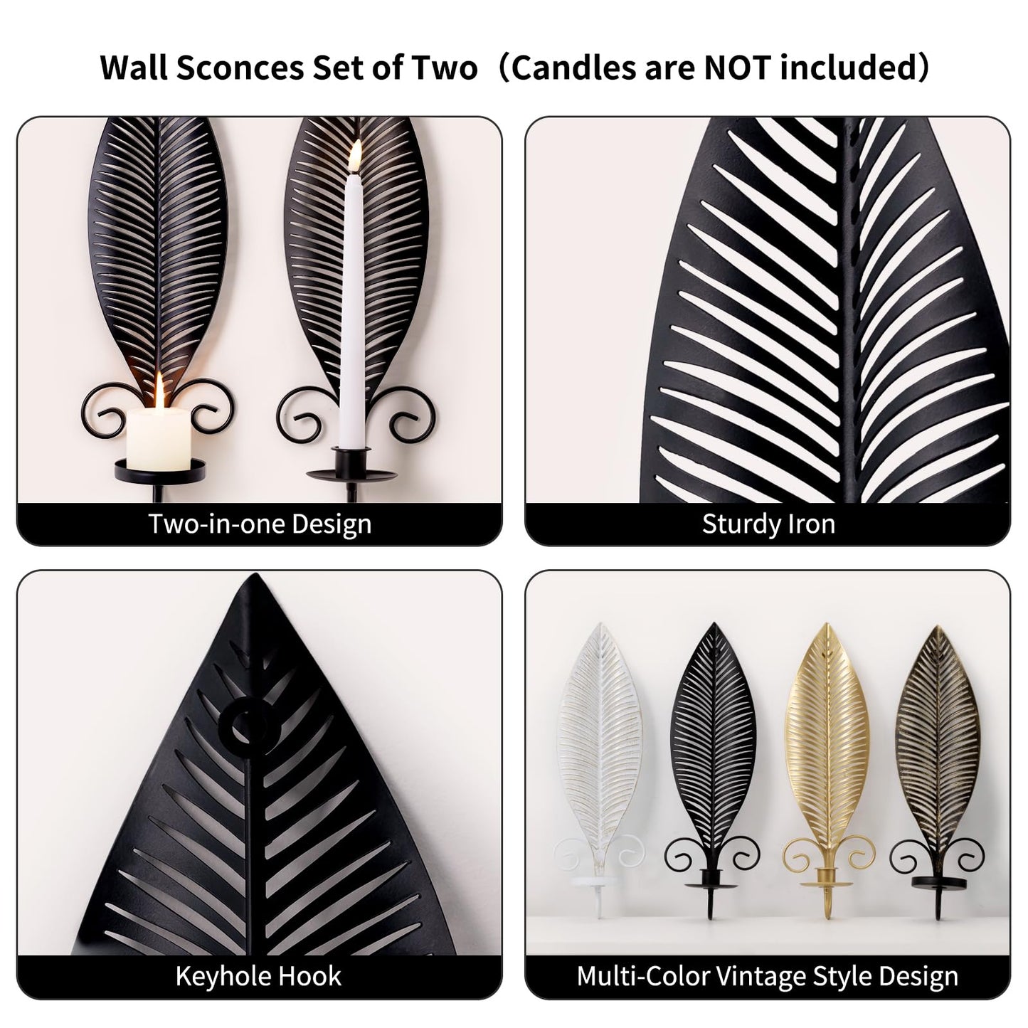 Leaf Shape Candle Holder Wall Set of 2,Wall Sconce with 2 Removable Trays,Gothic Antique Candelabra,Mounted Stylish Candlestick Holder Home Decor Candle Stand for for Living Rooms Hallways(Black)