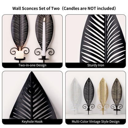 Leaf Shape Candle Holder Wall Set of 2,Wall Sconce with 2 Removable Trays,Gothic Antique Candelabra,Mounted Stylish Candlestick Holder Home Decor Candle Stand for for Living Rooms Hallways(Black)