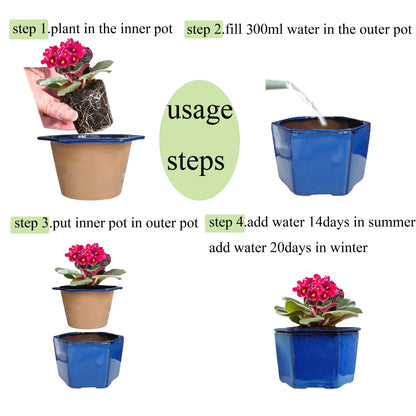 Dphagesy African Violet Pots 6 inch Hexagon Self-Watering Ceramic Violet Pots 4.50'' Opening (Blue)