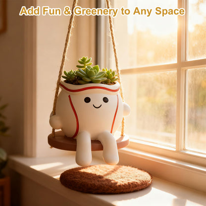 Abofth Smiley Baseball Swing Planter Pot – Cute Resin Hanging Flower Pot with Drainage Hole, Indoor Outdoor Fun Planters for Indoor Plants, Gifts for Plant Lovers, Succulent Pot for Small Plants