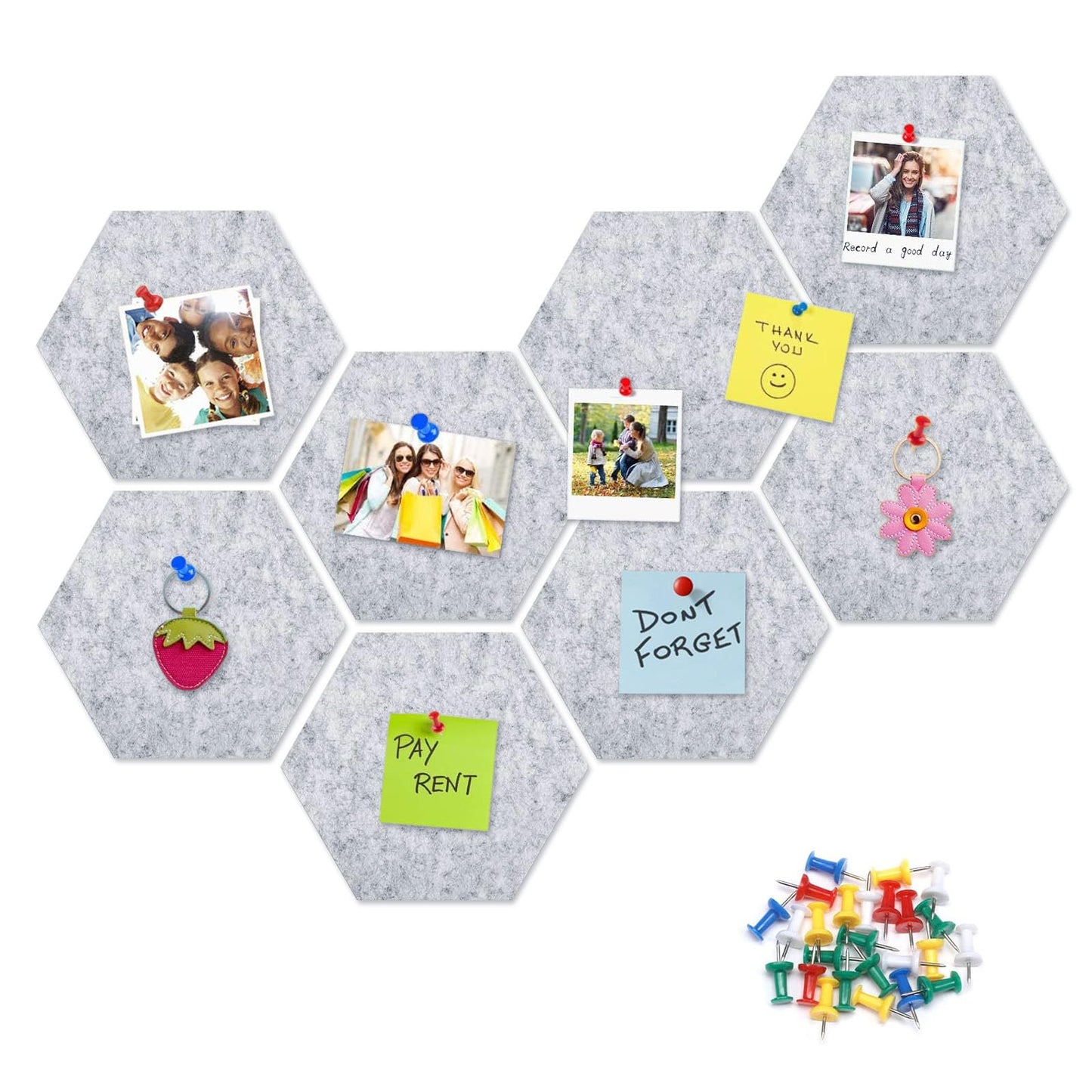 8 Packs Light Grey Hexagon Felt Pin Board, 12" Bulletin Board with 30 Push Pins, Felt Board for Home Kitchen Office Decor, Self-Adhesive Corkboard Tiles for Walls Message Photos Memos Display