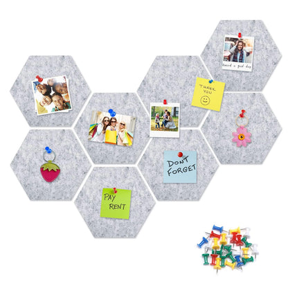 8 Packs Light Grey Hexagon Felt Pin Board, 12" Bulletin Board with 30 Push Pins, Felt Board for Home Kitchen Office Decor, Self-Adhesive Corkboard Tiles for Walls Message Photos Memos Display