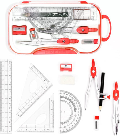 Math Geometry Sets 10 Piece Student Supplies with Shatterproof Storage Box,Includes Rulers,Protractor,Compass,Eraser,Pencil Sharpener,Lead Refills,Pencil,for Drafting and Drawings (Red)）