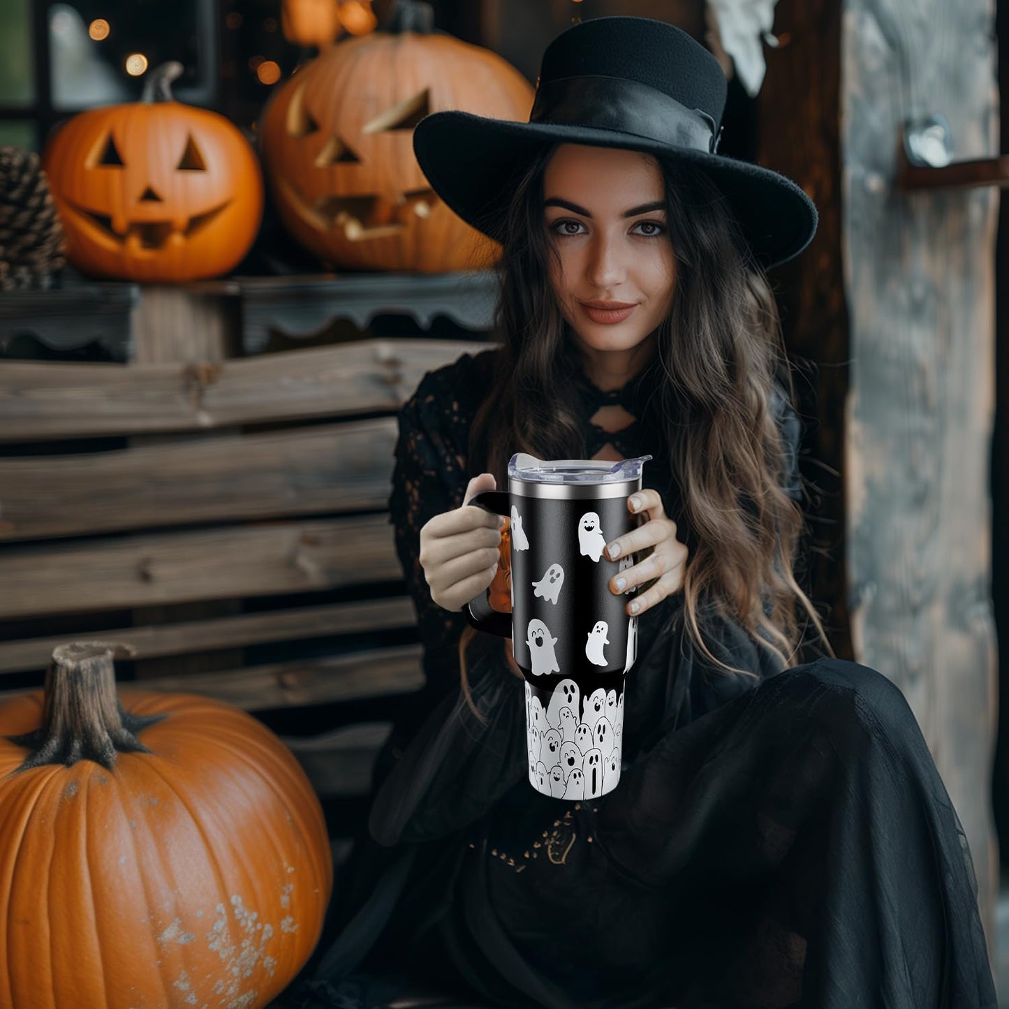 Hqhzaha Halloween Tumbler 40oz Cute Ghost Spooky Tumblers with Lid and Straw Halloween Spooky Gifts for Women Men Stainless Steel 40 Oz Coffee Cup Cute Spooky Gift for Adults