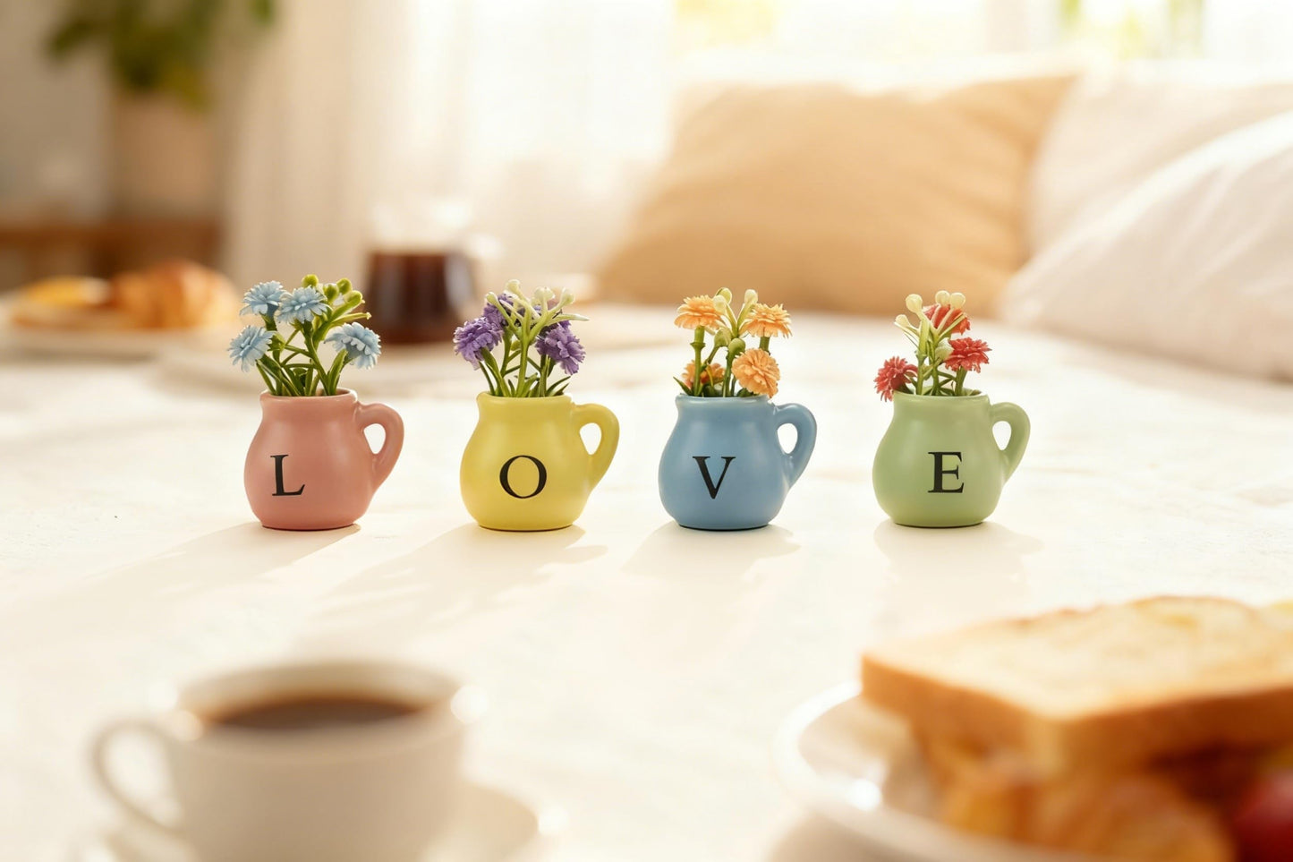 4 Pack Love Ceramic Fridge Magnets with Artificial Flowers, Miniature Magnetic Vases for Refrigerator Decor, Gift for Mom, Anniversaries and Housewarming