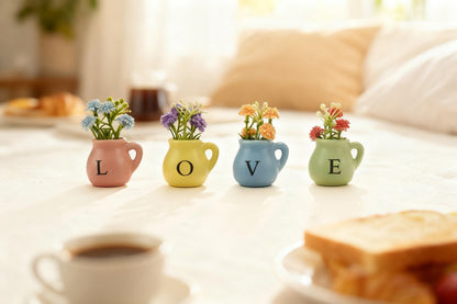 4 Pack Love Ceramic Fridge Magnets with Artificial Flowers, Miniature Magnetic Vases for Refrigerator Decor, Gift for Mom, Anniversaries and Housewarming