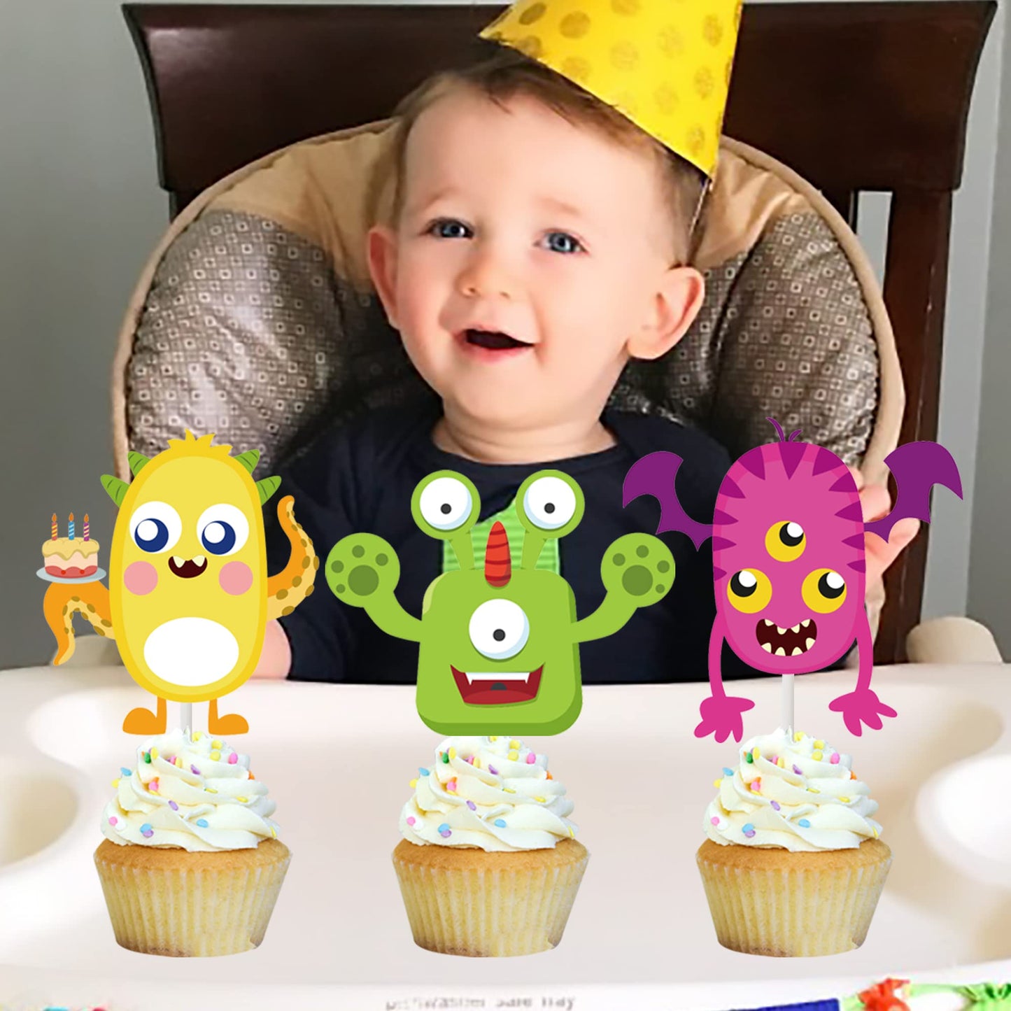 umoni 36pcs Little Monster Cupcake Toppers, Green, Baby Shower, Birthday Decorations for Kids Party