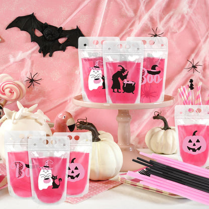 JarThenaAMCS 36 Set Halloween Drink Pouches Pink Black Cute Clear Plastic Juice Pouches 4 Designs Drink Bags Handheld with Straws for Halloween Birthday Baby Shower Party Adults Alcohol