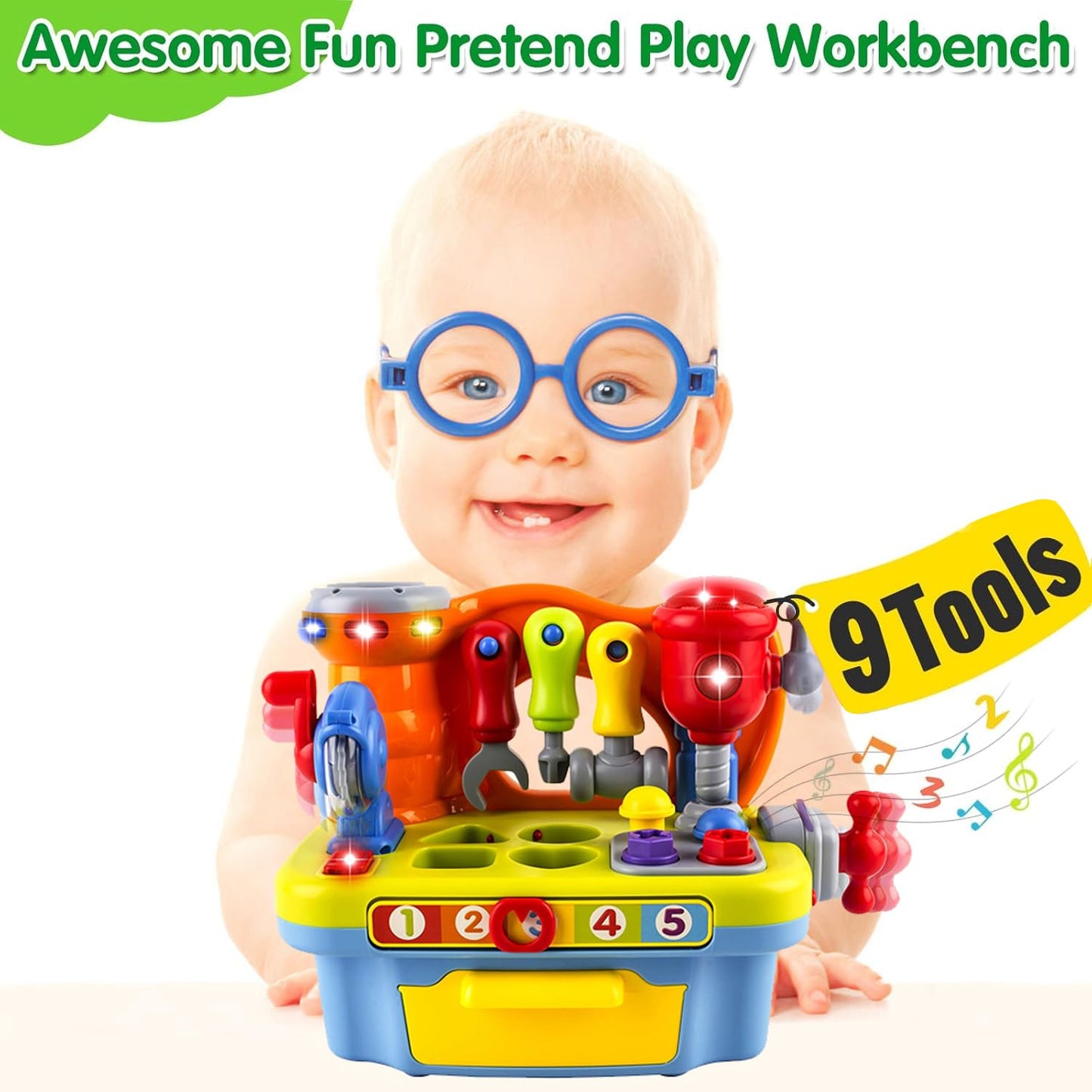 Yiosion Musical Learning Tool Workbench Toys for 1 Year Old Boy, One Year Old Boy Gifts, Toddler Tool Bench with Shape Sorter
