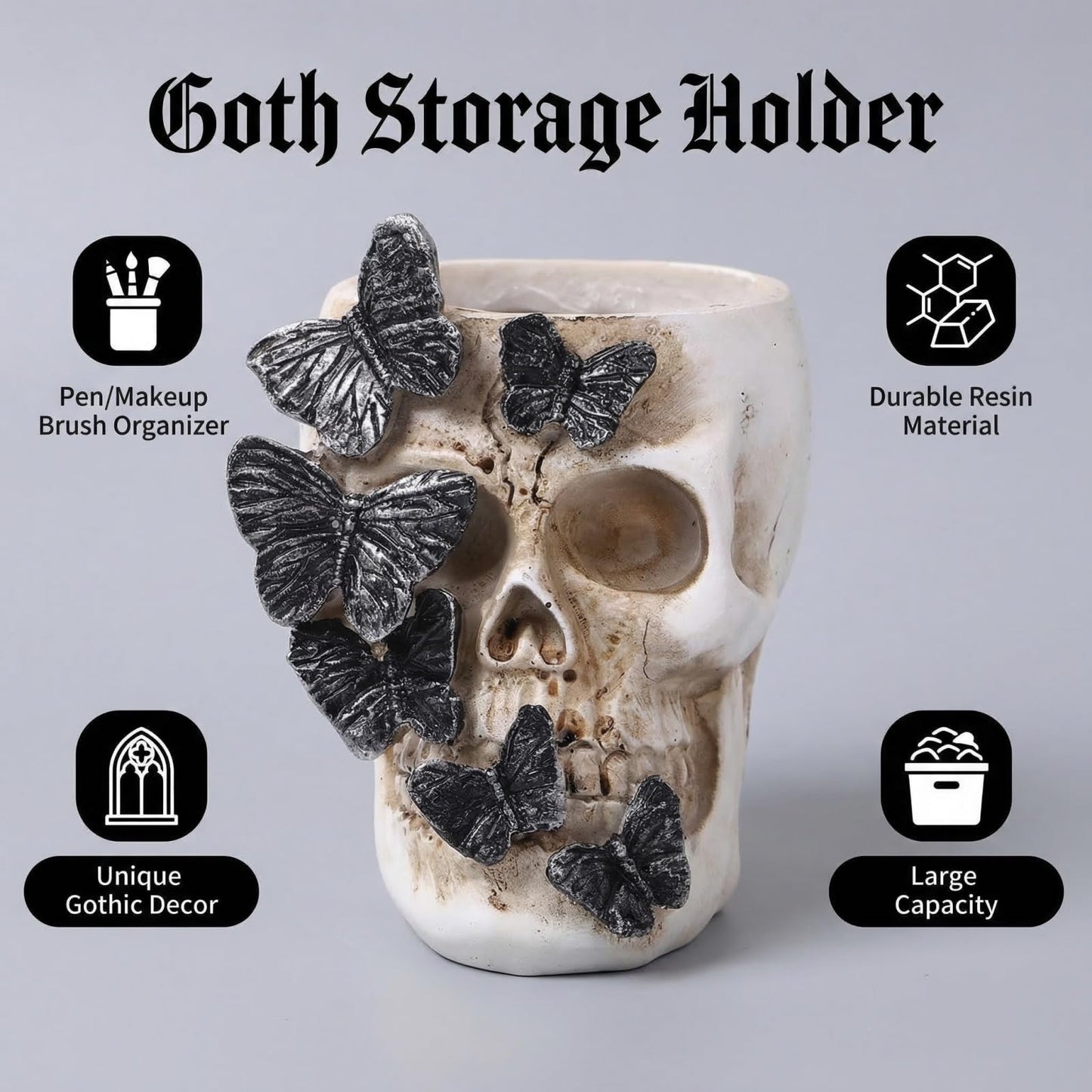 Qulfimea Gothic Skull Pen Holder, Skull Makeup Brush Holder, Dressing Table, Desk, Stationery, Decorative Flower Pot, Halloween Home Office Desk Indoor And Outdoor Decoration